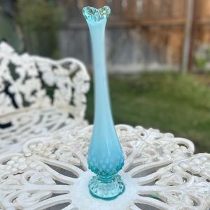 Vintage Fenton Blue Opalescent Hobnail Swung Glass Vase 11 Inches Tall